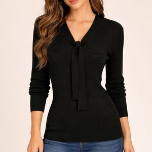 REBA Black Silver Metallic Neck Tie Ribbed Holiday Silk Sweater